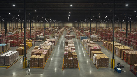 Warehouse floor view showing rows of packages, directional floor signs, and tracking panelsの素材