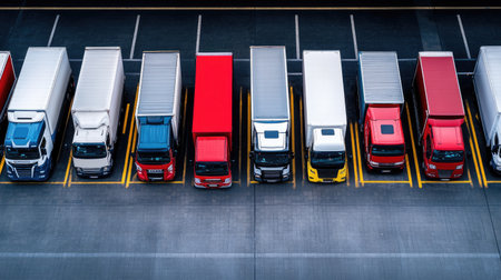 Transport trucks lined up at a logistics hub ready for long-haul deliveryの素材
