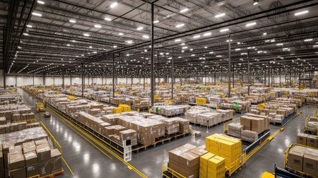 Warehouse floor view showing rows of packages, directional floor signs, and tracking panelsの素材