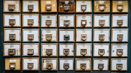 Wall of mailboxes in an apartment lobby, arranged neatly with shiny labelsの素材
