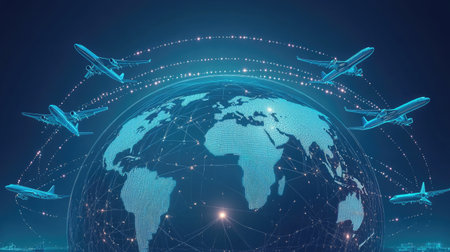 D cargo containers, airplanes, and ships orbiting a digital globe, symbolizing global shippingの素材