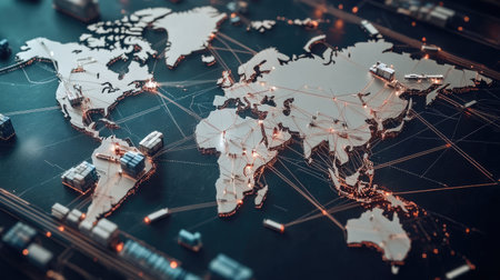 D animation-style map of global logistics flow with realistic transport iconsの素材