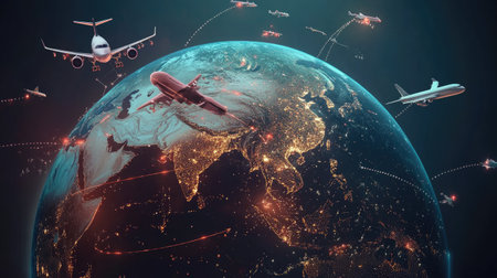 D globe featuring active transportation logistics and freight icons surrounding Earthの素材