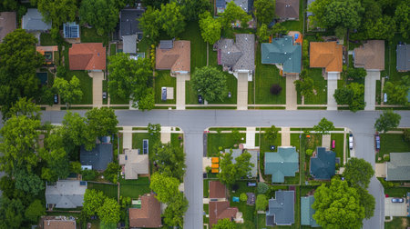 Aerial view of a suburban neighborhood with delivery routes highlighted digitallyの素材