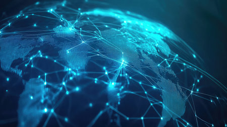 Abstract graphic of interconnected delivery routes and vehicle paths around the globeの素材