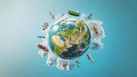 D globe featuring active transportation logistics and freight icons surrounding Earthの素材