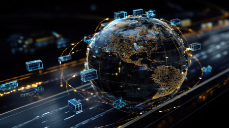 D globe featuring active transportation logistics and freight icons surrounding Earthの素材