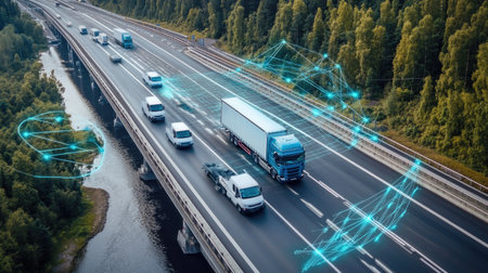 Aerial view of delivery trucks moving on highways connected by digital logistics overlaysの素材