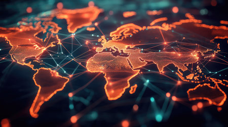 D rendering of world cargo routes connecting air and sea transport nodesの素材
