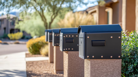 A row of metal mailboxes in a desert neighborhood with dry bushes in backgroundの素材