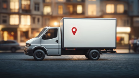 Branded delivery truck with wireless GPS signal icon above representing active trackingの素材