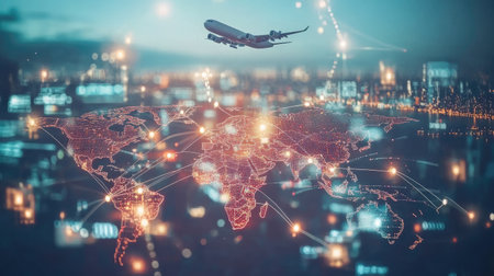 Cargo ships, airplanes, and freight trucks moving along global trade routes over a digital world mapの素材