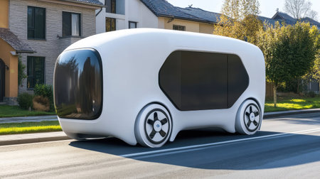 Autonomous delivery vehicle traveling on a quiet residential roadの素材