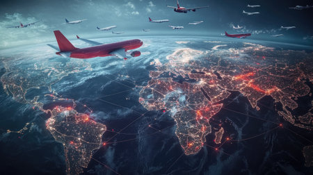 Cargo ships, airplanes, and freight trucks moving along global trade routes over a digital world mapの素材