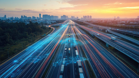 Cargo transport lines connecting different logistics zones in a cityscape backgroundの素材