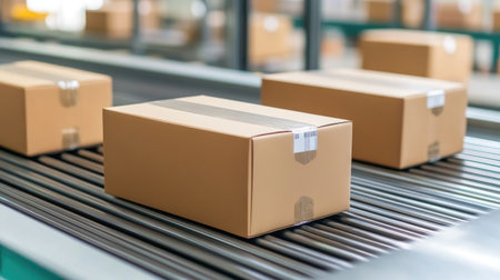 Close-up of labeled packages ready for dispatch in a systematic logistics operationの素材
