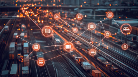Centralized logistics hub with icons and data overlays representing efficient transportation management systemsの素材