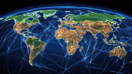 Conceptual visualization of freight forwarding across international supply routesの素材