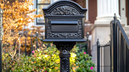Decorative cast iron mailbox with intricate details outside a historic homeの素材