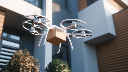 Delivery drone hovering above a modern house ready to release a packageの素材