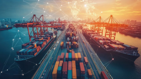 Digital blueprint of global cargo movement linking cities and terminals with bright pathwaysの素材