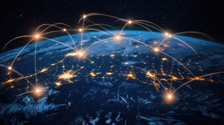 Digital blueprint of global cargo movement linking cities and terminals with bright pathwaysの素材