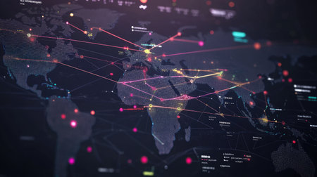 Cross-continental freight system visualized with cargo routes and digital tracking iconsの素材