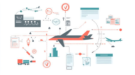 Diagram of transportation lifecycle with arrows, checklists, and icons for planning and executionの素材