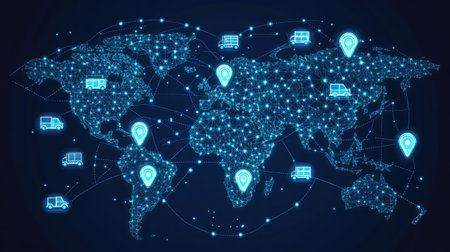 Digital world map with pinpointed logistics hubs and animated delivery vehicle iconsの素材