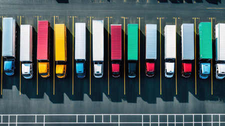 Fleet of delivery trucks aligned in a smart parking lot managed through digital systemsの素材