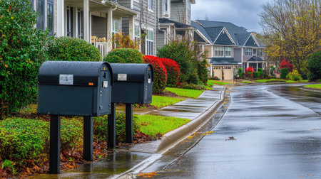 Double mailboxes side by side on a quiet twin-house street, morning dew visibleの素材