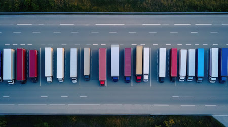 Drone shot of highway with multiple branded transport service vehicles in organized flowの素材