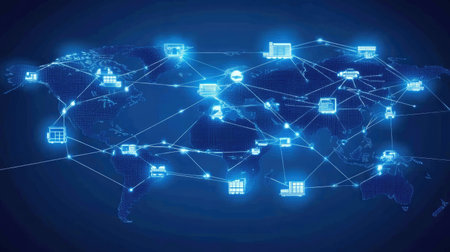 Global distribution map showing nodes and links between warehouses, ports, and terminalsの素材