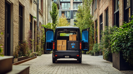 Electric van with company logo parked in urban alley, open back doors revealing parcelsの素材