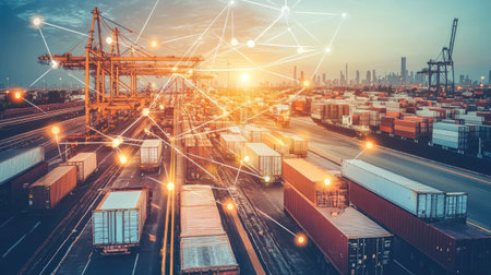 Global logistics flow chart with interconnected transport modes and international destinationsの素材