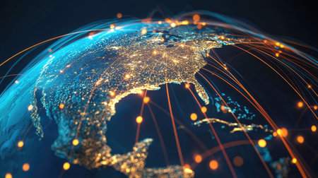 Earth's surface with dynamic lines showing active freight transportation and logistics flowsの素材