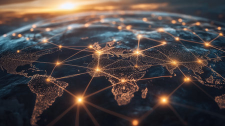 Global logistics network visual with interconnecting lines linking major freight hubs worldwideの素材