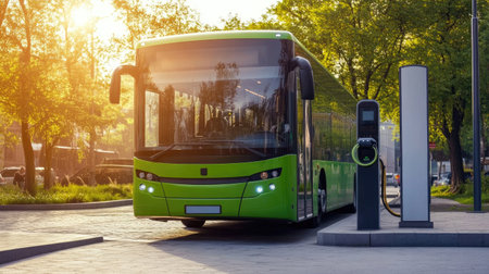Electric public transport bus charging at a clean energy stationの素材