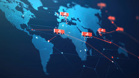 Global supply chain routes shown with transport icons on an interactive map backgroundの素材
