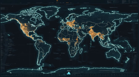 Grid-based world logistics diagram with major delivery routes and interactive nodesの素材