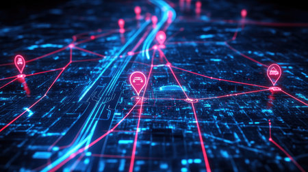 GPS-enabled transportation service interface showing delivery route optimization across a digital city mapの素材