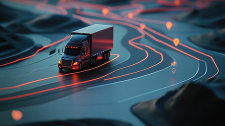 GPS tracking map with route lines and transport company vehicle icons moving in real-timeの素材