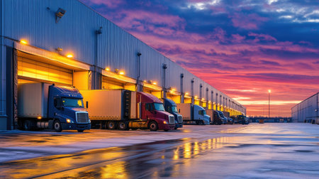 Industrial logistics center at dusk with lights illuminating active freight operationsの素材