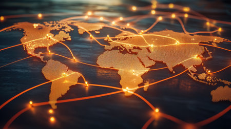 Global map graphic with interconnected transport lines and nodes for cargo flow visualizationの素材