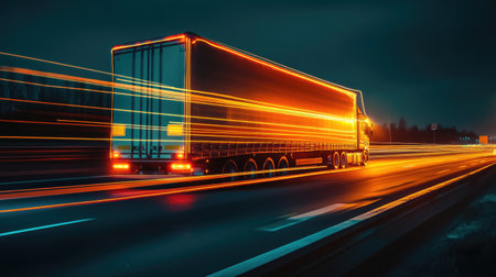 High-speed transport trucks on expressway with glowing delivery route overlaysの素材