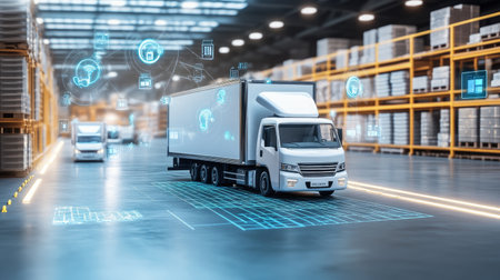 Integration diagram of ERP, GPS, and warehouse management systems in transportationの素材