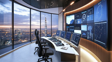 High-tech logistics command center with multiple screens displaying delivery statusの素材