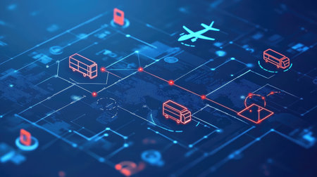 Infographic of modern transportation service network with icons for truck, plane, and package trackingの素材