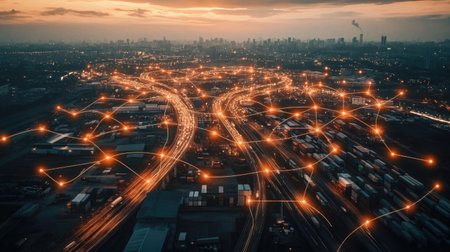 Intercontinental transportation network with key distribution centers highlighted in lightの素材