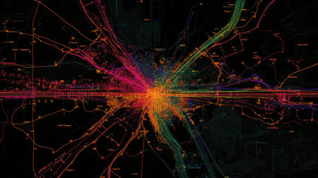 Interactive map with logistics overlays showing optimal routes and traffic predictionの素材